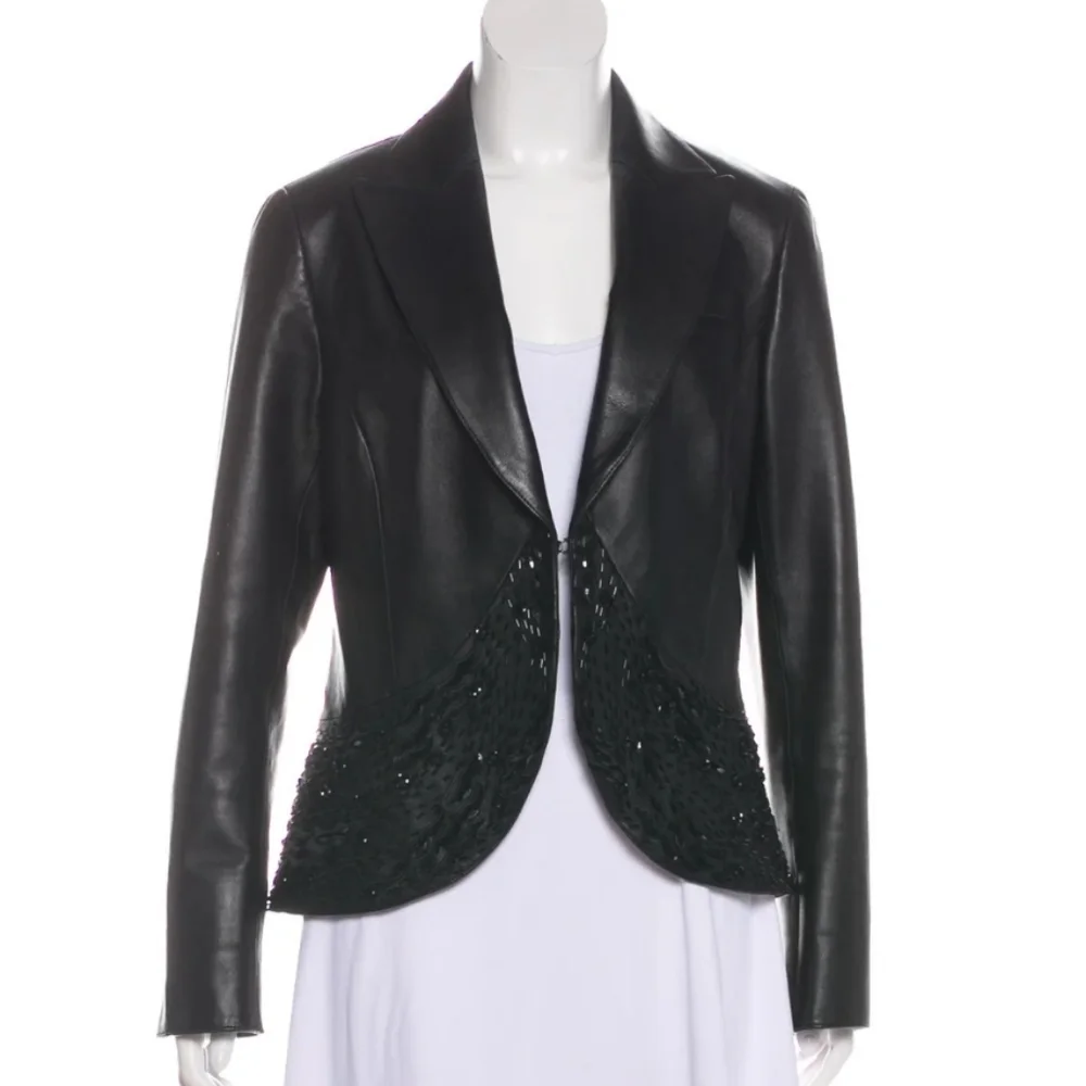 Lafayette 148 New York Black Leather Tailored Jacket with Embellished Hem